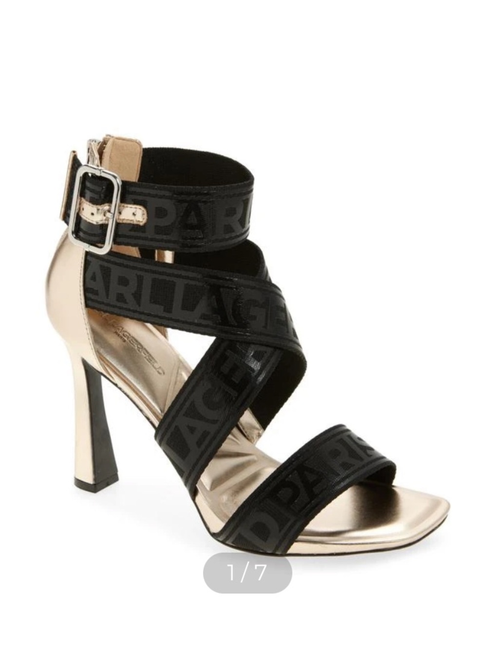 Karl Lagerfeld Careliz Black Gold Logo Strap High Heel Sandals Size 5 MSRP $140